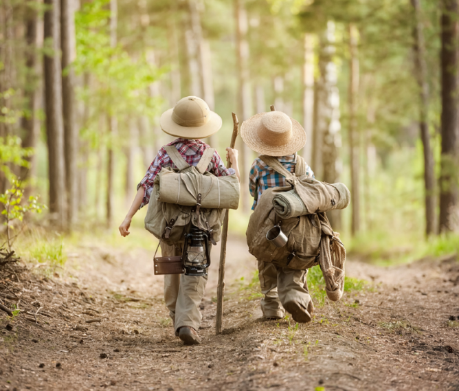 „Ein fröhlicher brauner Hund mit grünem Geschirr läuft auf einem Waldweg auf die Kamera zu. Im Hintergrund wandern mehrere Menschen, darunter zwei Kinder und eine Frau, durch den sonnendurchfluteten Wald. Alle wirken entspannt und genießen die Natur.“